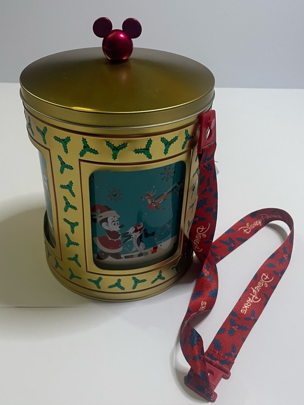 Disney Parks Christmas Themed Golden Popcorn Bucket with Strap